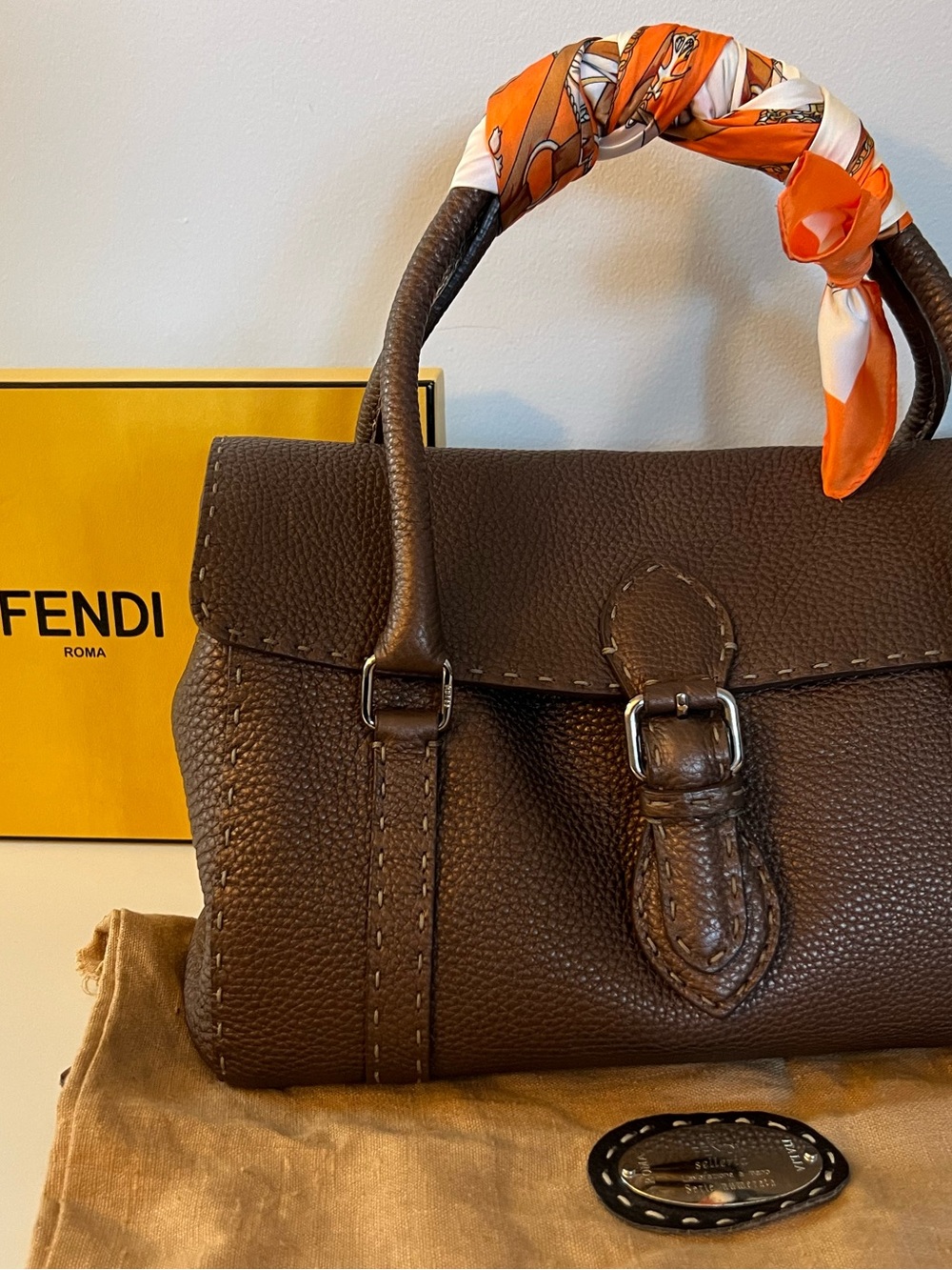 Vintage FENDI Selleria Linda Medium Handbag, Dark Chocolate Color